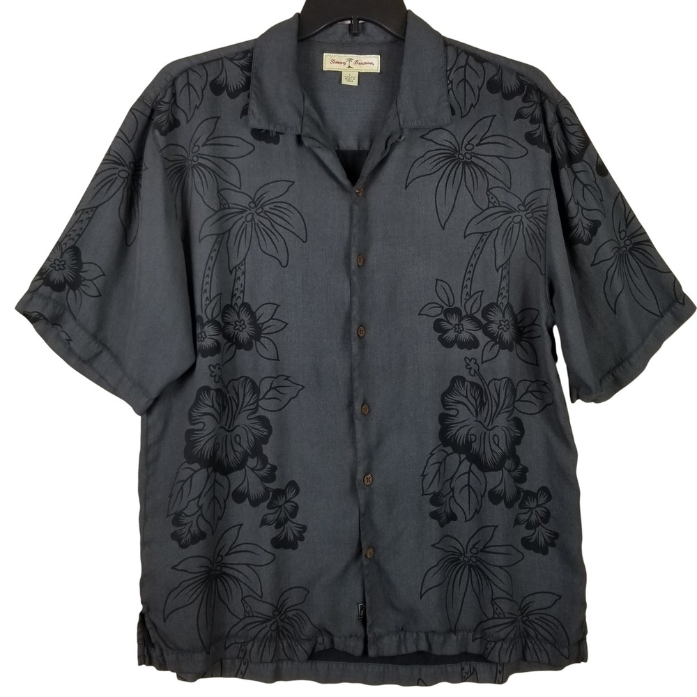 Tommy Bahama Mens Silk Camp Shirt Charcoal Gray Black Tropical Floral‎ Print L